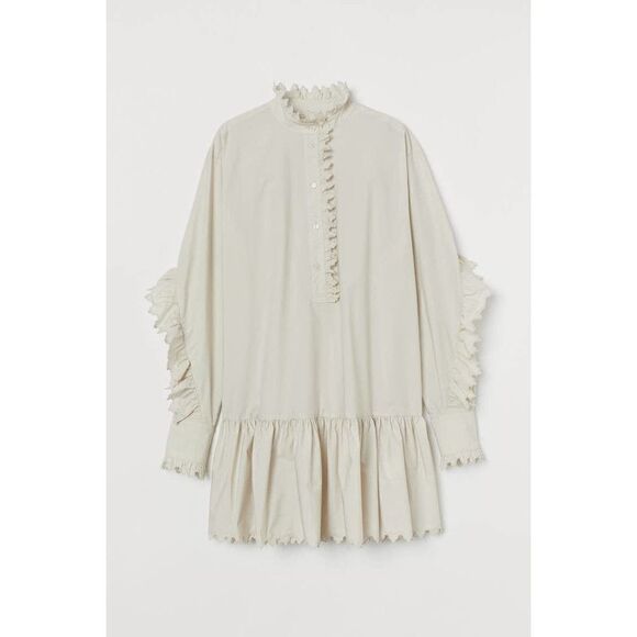 H&M Tunic Dress Ruffle Trimmed Cotton Cream New - Picture 4 of 5